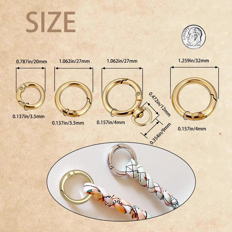 16 Pack Gold Metal Spring O Ring Carabiner Set Four Sizes With Quick Release Keychain Clips For Keys Bags Dog Tags Paracord Lanyards And DIY Repairs All In One Heavy Duty Gear sizes 20mm to 32mm