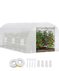 Walk-In 20 Ft Long By 10 Ft Wide By 7 Ft High Greenhouse With Zippered Door And 8 Mesh Windows, Galvanized Steel Frame, front view with accessories
