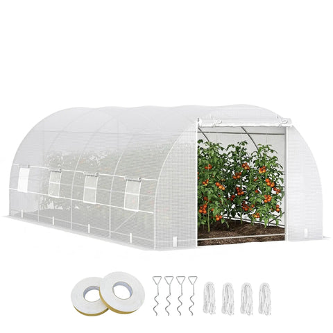 Walk-In 20 Ft Long By 10 Ft Wide By 7 Ft High Greenhouse With Zippered Door And 8 Mesh Windows, Galvanized Steel Frame, front view with accessories