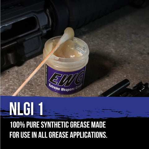 Extreme Weapons Grease EWG For Firearms open jar with q-tip, synthetic light grease for friction and wear protection