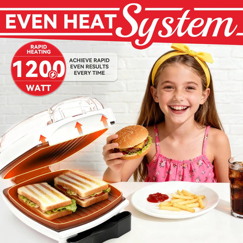 SugarWhisk 1200 Watt Electric Indoor Hamburger Grill Press With Nonstick Plates Panini Maker in use with grilled sandwiches.