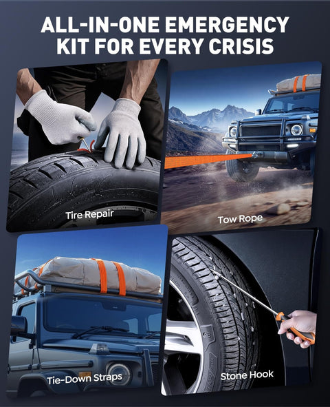 16-In-1 8000A Car Jump Starter With Air Compressor 160 PSI, images showing tire repair, tow rope, tie-down straps, stone hook.