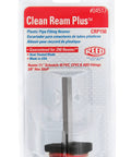 Packaging of Clean Ream Plus Pipe Reamer for PVC CPVC ABS Fittings with a 3/8 inch hex shaft and 1-1/2 inch head.