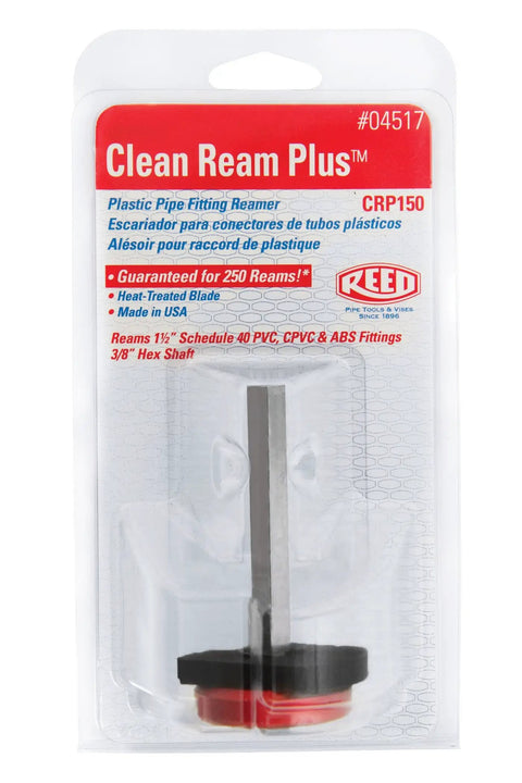 Packaging of Clean Ream Plus Pipe Reamer for PVC CPVC ABS Fittings with a 3/8 inch hex shaft and 1-1/2 inch head.