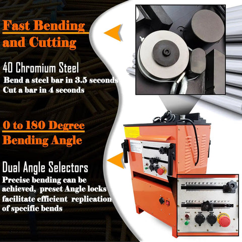 Heavy Duty Electric Rebar Bender And Cutter Combo 1 Inch Steel Bar Tool showing bending mechanism and angle selectors.
