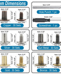 150 Sets Solid Chicago Screws And Leather Rivets In Mixed Colors With Zero Hassle Install Tools dimensions diagram with copper, silver, gold, gun metal, and bronze details.