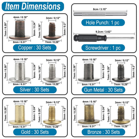150 Sets Solid Chicago Screws And Leather Rivets In Mixed Colors With Zero Hassle Install Tools dimensions diagram with copper, silver, gold, gun metal, and bronze details.