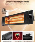 Portable Infrared Space Heater For Indoor And Outdoor Use With Remote Control Perfect For Patio Garage Deck And Hangout Spots In Commercial Or Residential Settings Weatherproof IP55 Rated Quiet Efficient shown with safety features and enhanced safety plug.