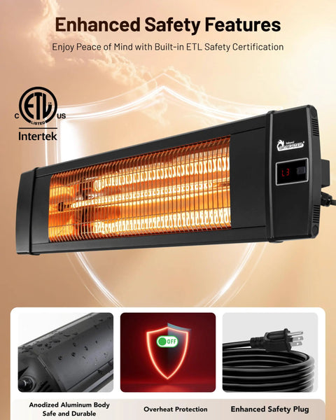 Portable Infrared Space Heater For Indoor And Outdoor Use With Remote Control Perfect For Patio Garage Deck And Hangout Spots In Commercial Or Residential Settings Weatherproof IP55 Rated Quiet Efficient shown with safety features and enhanced safety plug.