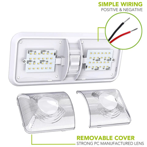 2 Pack RV LED Ceiling Dome Lights With On Off Switch, internal structure, simple wiring, removable cover shown