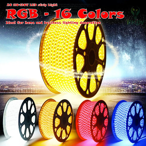 RGB LED Strip Light 65.6ft 20m AC 110 120V Waterproof Rope Light With Remote Dimmable SMD5050 Multicolor on reels in 16 colors.