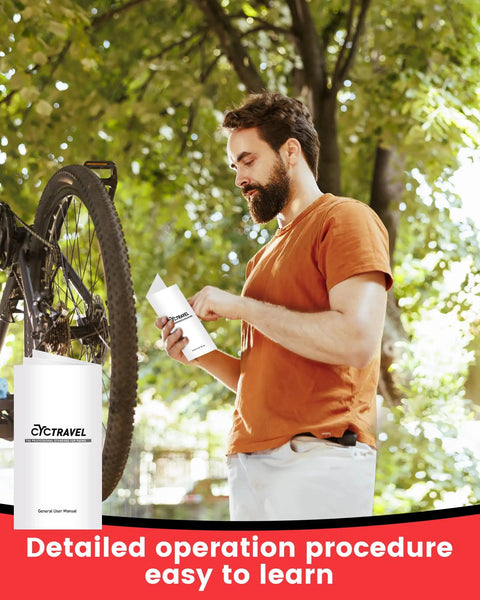Person using Pro Grade Hydraulic Disc Brake Bleed Kit manual for Shimano TEKTRO TRP on a mountain bike outdoors
