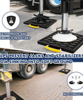 Four Piece Heavy Duty RV Jack Pads With Easy Grip Handles 12 X 12 X 1 Inch Durable Polyethylene Stabilizer Blocks in use on RV