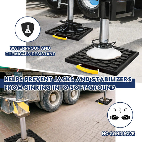 Four Piece Heavy Duty RV Jack Pads With Easy Grip Handles 12 X 12 X 1 Inch Durable Polyethylene Stabilizer Blocks in use on RV