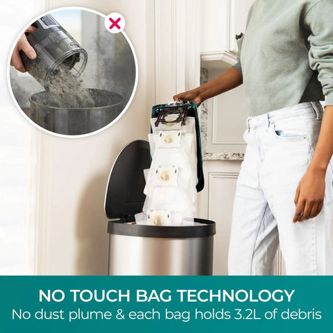 Person using HEPA Replacement Vacuum Bags For Intuition Upright Vacuum With No Touch Bag Technology Compatible With BU4022 BU4020 BU4018 BU4050 BU3040 White, demonstrating hands-free disposal into a trash bin.