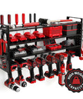 Heavy Duty Power Tool Organizer Wall Mount With Three Shelves Eight Drill Holders And Bit Holder With 300 Lb Capacity Pegboard Sides Garage Tool Storage Rack fully loaded with tools and drills.