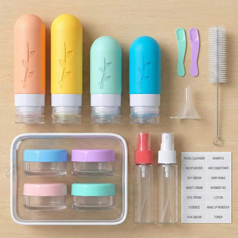 Carry On Ready Travel Bottles Kit 16 Pack TSA Approved Leak Proof Silicone Squeezable Containers with Jars and Sprayers