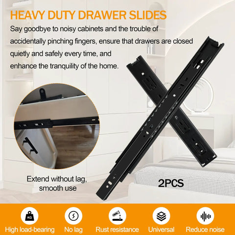Two Pairs Of 12 Inch Heavy Duty Drawer Slides With Three Section Full Extension Ball Bearing Glide Side Mount Soft Close 100 Lb Capacity For Dresser Cabinet And Kitchen shown with packaging and features.