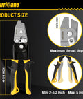 Hurricane sheet metal V-notch hand notcher; yellow and black grips; 9-inch height, 13/16-inch throat depth.
