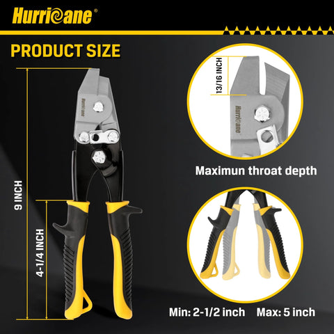 Hurricane sheet metal V-notch hand notcher; yellow and black grips; 9-inch height, 13/16-inch throat depth.