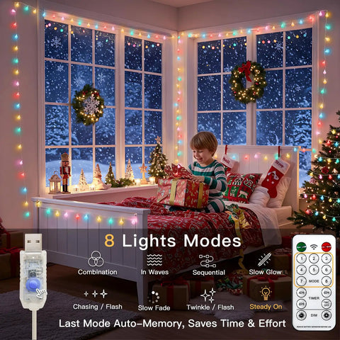 Room decorated with pastel globe USB string lights 33ft with 100 LEDs, child holding gift, window snow view, wreaths and tree.