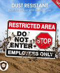 Top Shelf Restricted Area Do Not Enter Signs For Crews Heavy Gauge Aluminum Metal Plate Four Pack on sand, dust-resistant, 10x7 inches.
