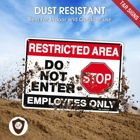 Top Shelf Restricted Area Do Not Enter Signs For Crews Heavy Gauge Aluminum Metal Plate Four Pack on sand, dust-resistant, 10x7 inches.