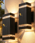 Two black wall sconces on exterior wall, dusk to dawn outdoor lights for front door and porch 5W LED IP65 waterproof auto on sensor.