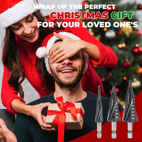 Cobalt Step Drill Bit Set With Center Punch by MulWark TiAlN Coated Unibit displayed next to a Christmas gift and people.