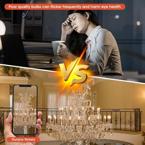 Comparison showing effects of poor quality bulbs causing flicker vs stable illumination with frosted torpedo tip B11 chandelier bulbs.