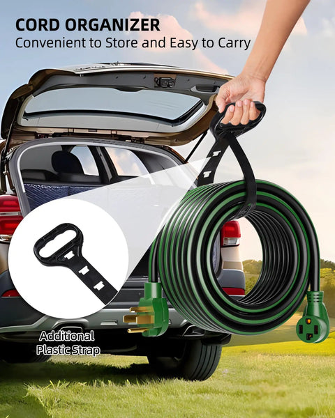 Heavy Duty 30 Amp 4 Prong Dryer And EV Extension Cord 25 Feet NEMA 14-30P To 14-30R coiled with plastic strap near car.