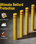 Rock Solid Heavy Duty Yellow Safety Bollard Post Protective Cover With Bright Red Reflective Strips Anti Collision Guard Sleeve For 4 Inch Metal Poles 46 Inch Tall Driveway Shield displayed in a clear view.