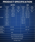 Product specifications chart for 80 Piece Tap And Die Set SAE And Metric For Internal And External Threads