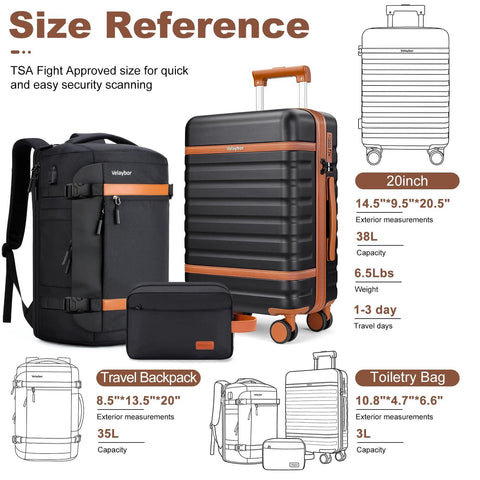 Lightweight 3 Piece Luggage Set with Spinner Wheels from Velaybor, featuring 20 inch carry-on, 18 inch backpack, TSA lock, YKK zippers, black finish.