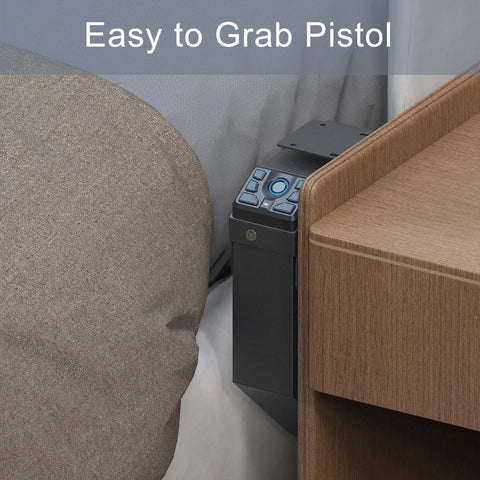 Three Way Access Biometric Gun Safe For Handgun With Fingerprint Recognition PIN Code And Key Backup beside a bed