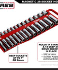 Red magnetic socket holder for 3/8 inch drive, holds 28 sockets, 14 standard and 14 deep, up to 1 inch or 24mm, sockets not included