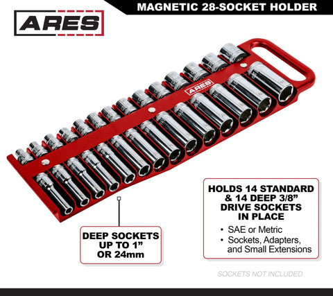 Red magnetic socket holder for 3/8 inch drive, holds 28 sockets, 14 standard and 14 deep, up to 1 inch or 24mm, sockets not included