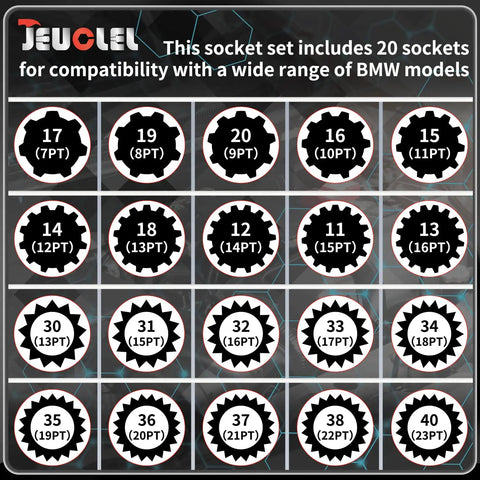 BMW Compatible 21 Piece Wheel Lock Nut Key Kit All In One Socket Tool Set showcasing 20 socket sizes.