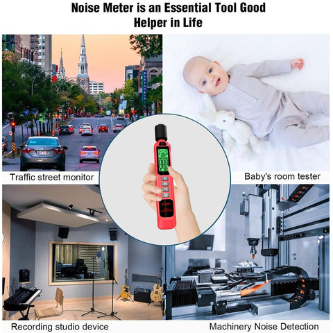 Real Talk Noise Meter For Home, Workshop And Studio Use With 30 To 130 dB Range, A Weighted Sound Profile, Clear LCD Backlit Display, Max Min Data Retention, Auto Power Off, 1.5 dB Accuracy, Super Easy Read, And User Friendly used for traffic, baby room, studio and machinery noise