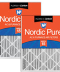 Two Pack 20x20x4 Pleated Air Filter With Carbon Media, MERV 15 Plus packaging, designed for HVAC, in orange and blue boxes.