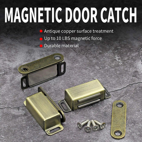Hassle Free Magnetic Cabinet Door Catch 8 Pack Slick Bronze Finish Rust Proof Stainless Steel Latch with screws on a gray background.