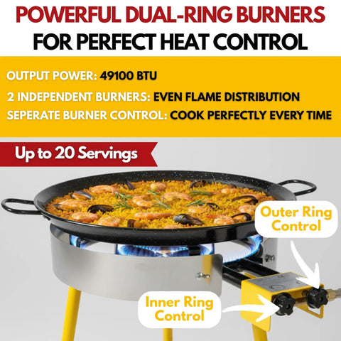 Outdoor Paella Burner And Stand Kit With 24 Inch Enamel Pan Dual Propane Stove Regulator Weatherproof Cover For Camping Crawfish Boil Tailgating And Big Outdoor Feasts in use, cooking seafood paella.