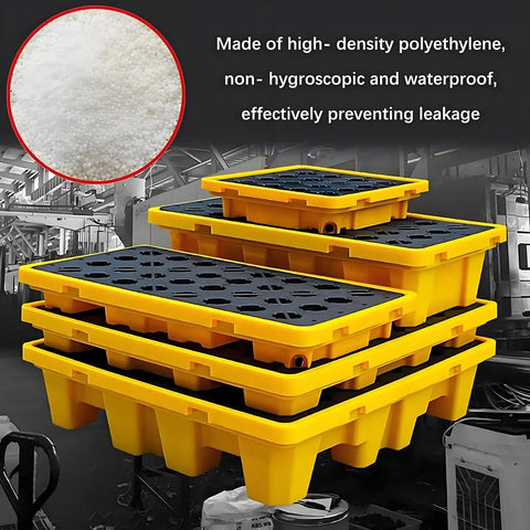 Stacked yellow Heavy Duty Spill Containment Pallet For 1 To 4 Drums, Built Tough For Garage And Warehouse Storage Platform