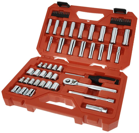 Pro Grade Mechanics Socket Set Three Eighth Inch Drive, 61 Piece With 72 Tooth Ratchet, Five Degree Arc Swing, in open blow mold case