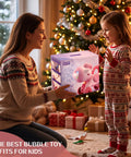 Magical Pink Unicorn Bubble Machine For Toddlers Ages Two To Four, Portable Electric Toy With Bright LED Lights And Easy Push Walker Design, Great Outdoor Birthday Gift For Little Girls being unwrapped by a mother and daughter.