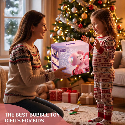 Magical Pink Unicorn Bubble Machine For Toddlers Ages Two To Four, Portable Electric Toy With Bright LED Lights And Easy Push Walker Design, Great Outdoor Birthday Gift For Little Girls being unwrapped by a mother and daughter.