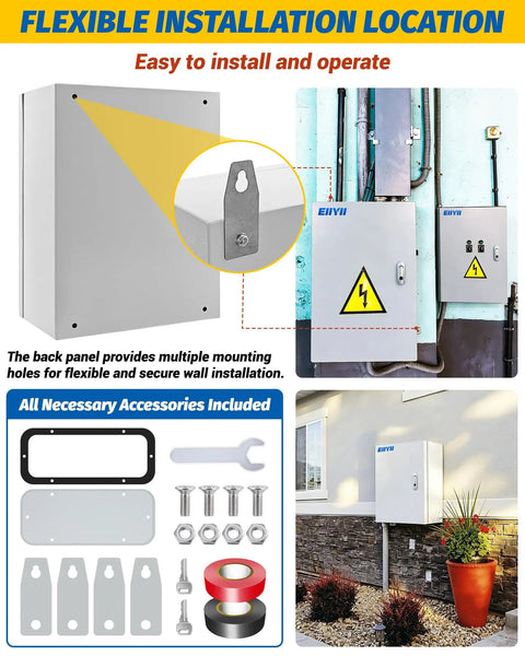 Heavy Duty Electrical Junction Box 16x12x8 Inch IP66 Nema 4X Rated Steel Enclosure displayed with installation details.