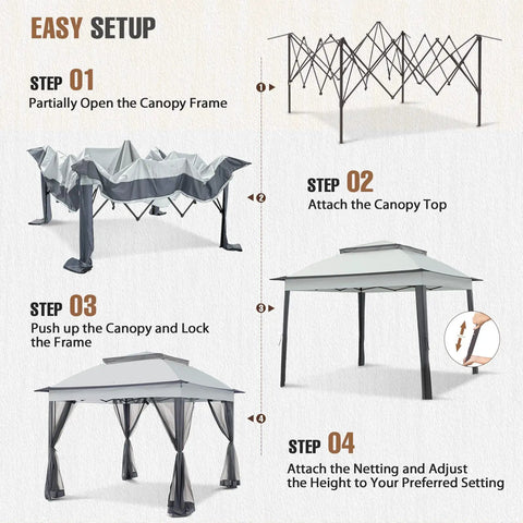 11x11 Pop Up Gazebo Tent With Mesh Netting Instant Outdoor Canopy With UPF 50+ UV Protection Water Resistant Gray Easy Setup