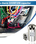 RV Air Conditioner Run Capacitor 50/5uF 370VAC Replacement for 13500 BTU A/C Units displayed with wiring and model 3313107.018