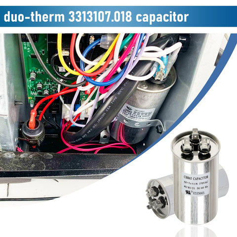 RV Air Conditioner Run Capacitor 50/5uF 370VAC Replacement for 13500 BTU A/C Units displayed with wiring and model 3313107.018
